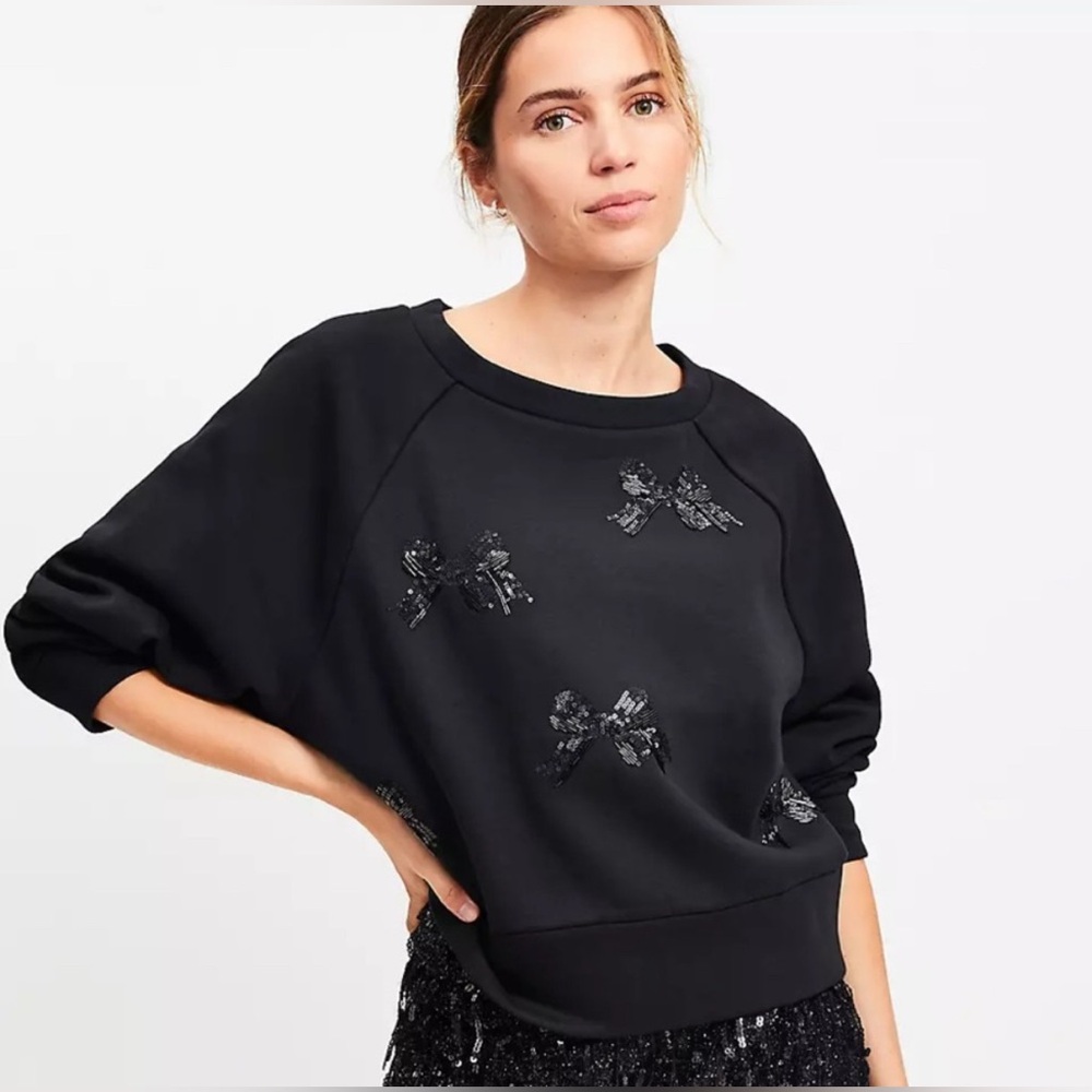 LOFT Black Sweatshirt with Sequin Bow Accents xs